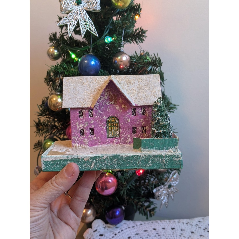 Vintageโ Christmas Putz House Village Scene Pink House Snowy Tree Japan
